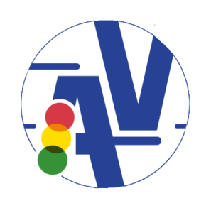 Monograma AV de Autoescuela Vial con un semáforo de tres colores
