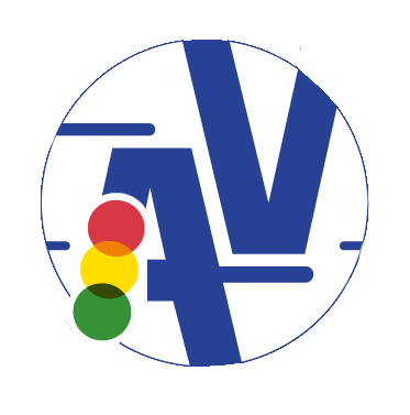 Monograma AV de Autoescuela Vial con un semáforo de tres colores